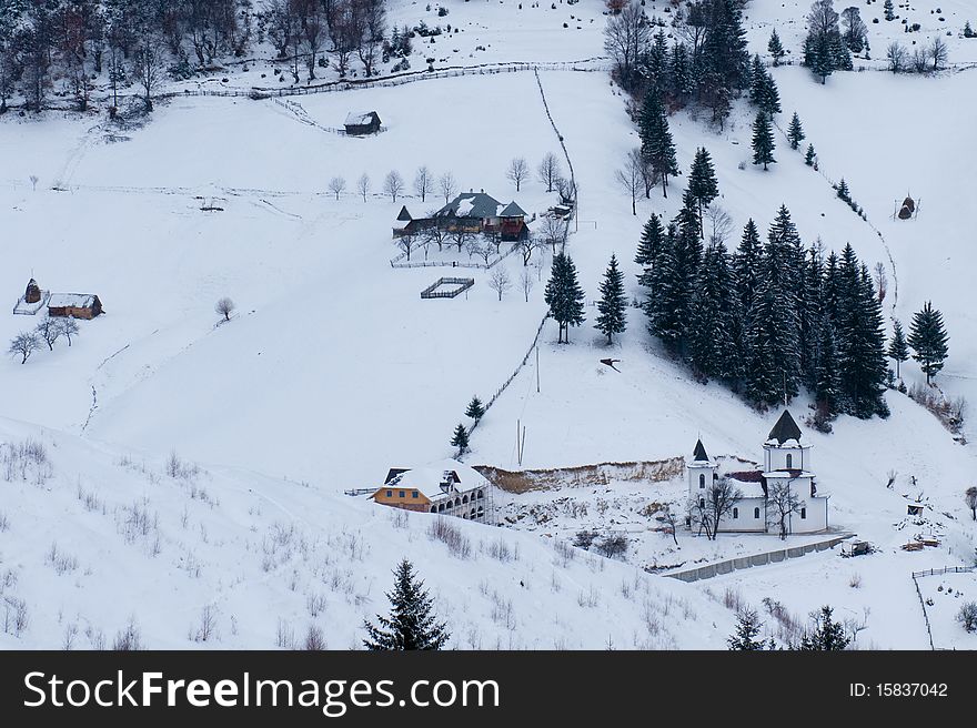 Old Monastery In Mountains, In Winter