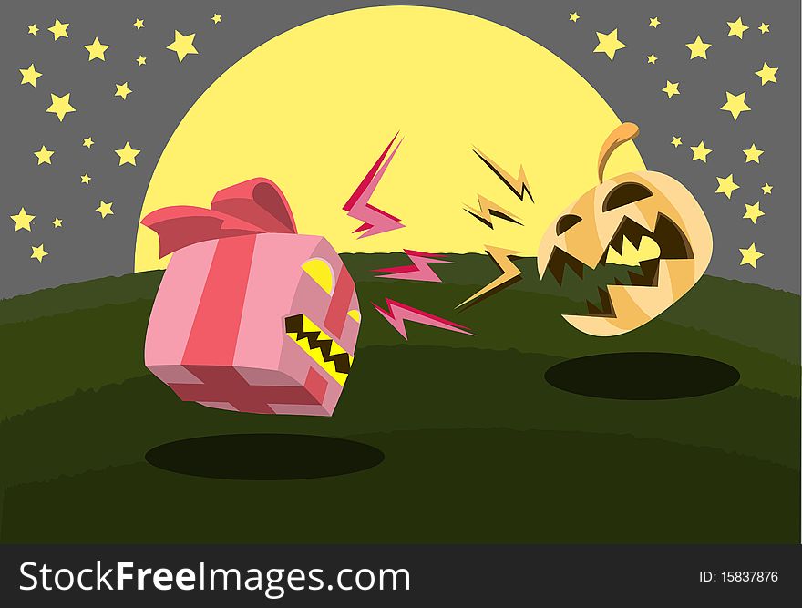 Image of a gift who is angry at a pumpkin on Halloween night. Image of a gift who is angry at a pumpkin on Halloween night