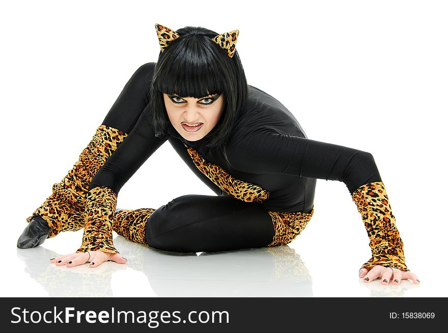 Young woman dancer is in a cat image on white. Young woman dancer is in a cat image on white