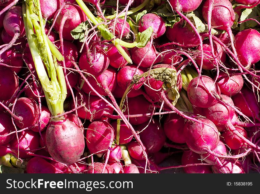 A stalk of radishes for sale in a farmer's market