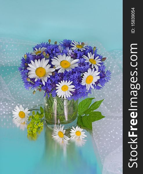 Bouquet of cornflowers with camomiles