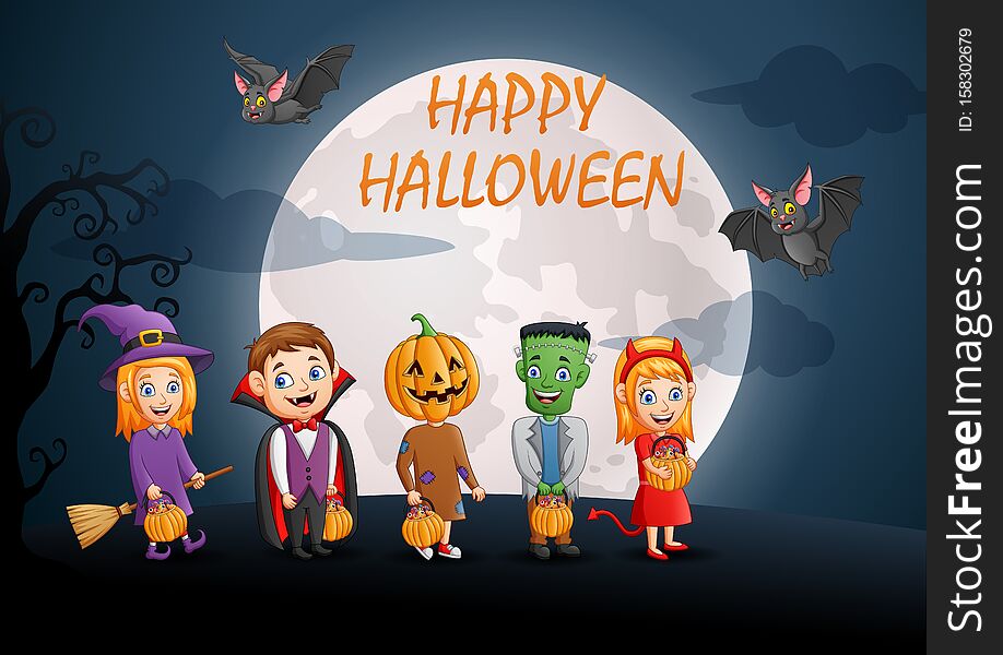 Illustration of happy halloween.Set of cute cartoon children in halloween costume. Illustration of happy halloween.Set of cute cartoon children in halloween costume