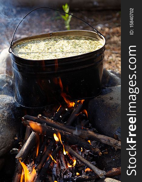 Kettle With Food On Campfire