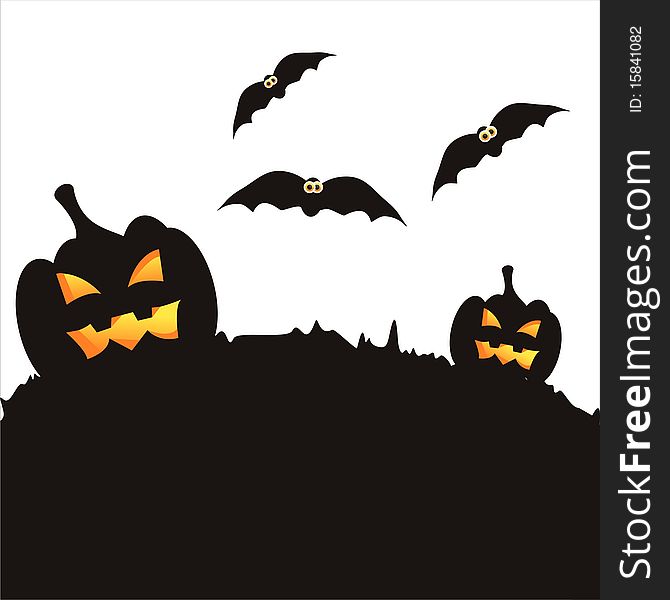 Halloween landscape with bats and pumpkins