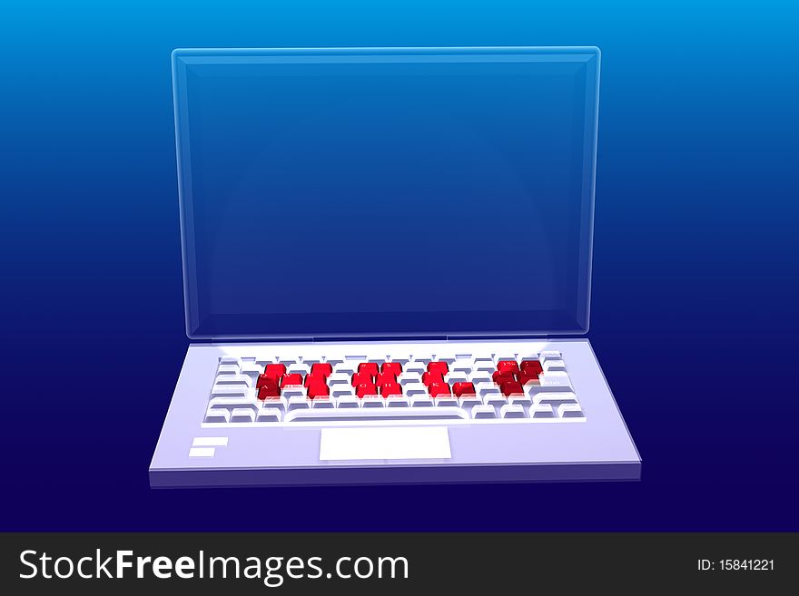 Three-dimensional computer with red words help on the keyboard