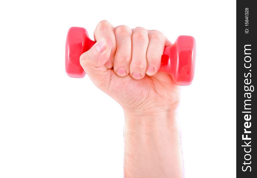 A red dumbbell in the men's hand on a white background