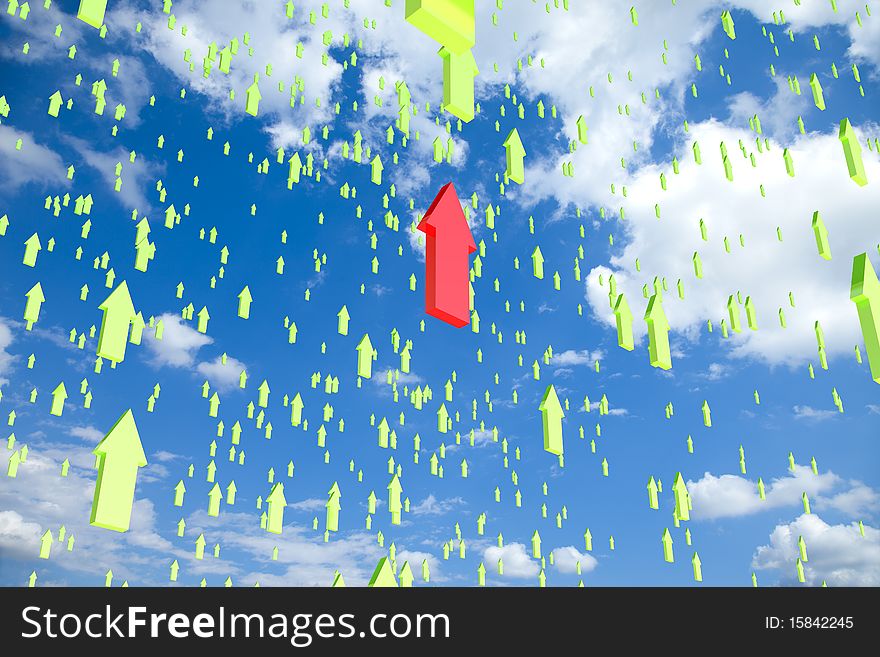 High quality 3D render of sky filled with flying arrows with one standing out