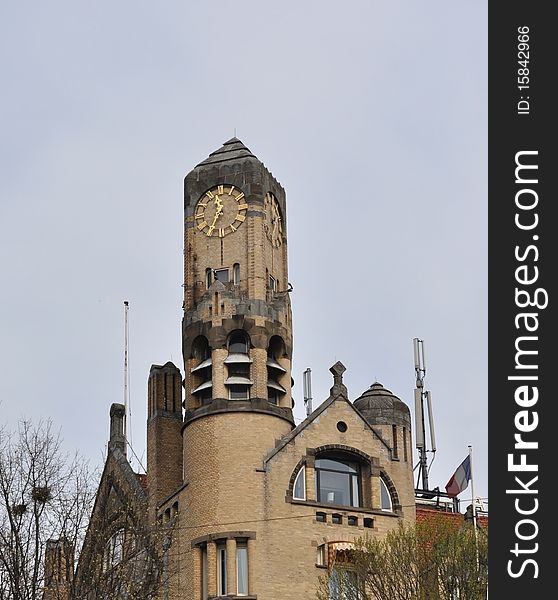 Historical building in Amsterdam, historical tower with clocks