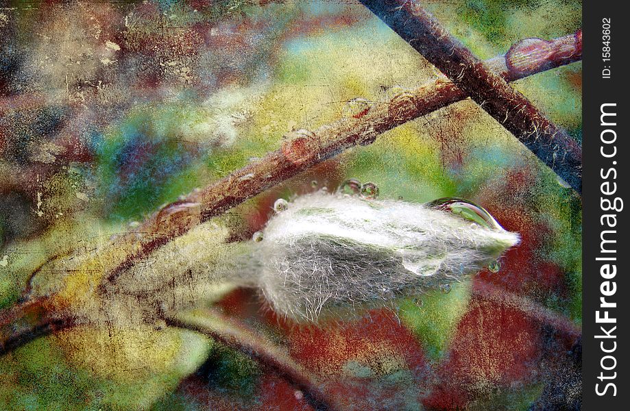 Bud and dew on the twig with dirty background