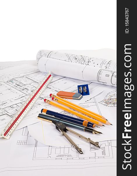 Blueprints and Architect tools on white. Blueprints and Architect tools on white