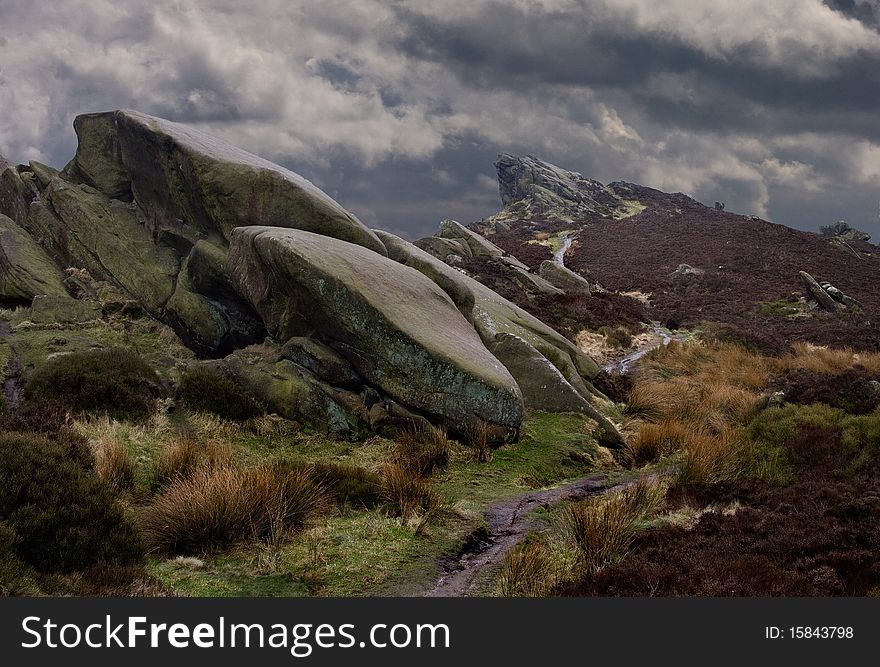 The moorland scenery at Ramshaw Rocks in staffordshire, England.