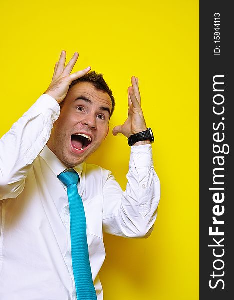 Portrait of a yelling business man wearing a blue tie 02. Portrait of a yelling business man wearing a blue tie 02