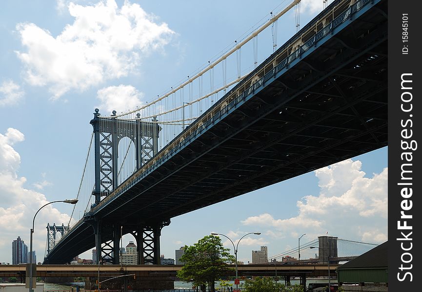 Brooklyn bridge against the blue sky, New York