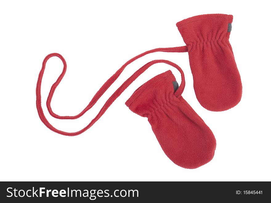 Red mittens for the child. Isolated on white background. Red mittens for the child. Isolated on white background