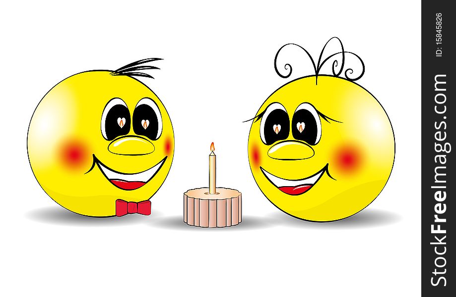 Vectorial image of merry smiles and festive cake on a white background. Illustration is suitable for editing.