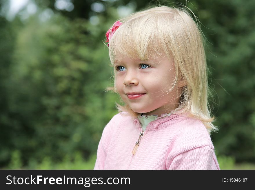 Portrait of cute little girl with blue eyes and blond hair outdoor shot. Portrait of cute little girl with blue eyes and blond hair outdoor shot