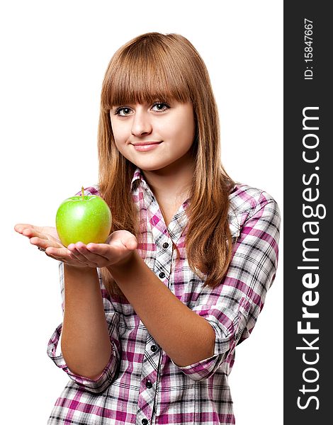 Girl with green apple on white background. Girl with green apple on white background