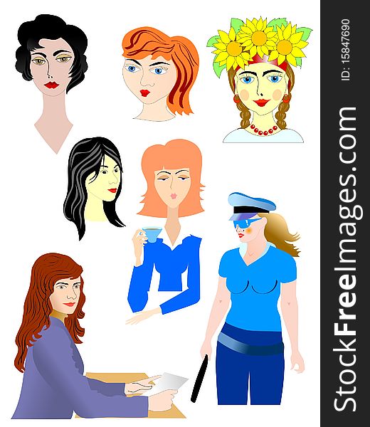 Vector colored set of female characters