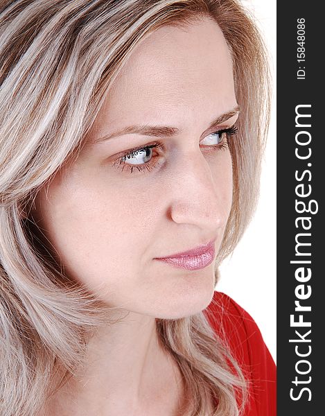 An closeup portrait of a young beautiful woman with white blond
hair and red dress, looking away from the camera, on white background. An closeup portrait of a young beautiful woman with white blond
hair and red dress, looking away from the camera, on white background.