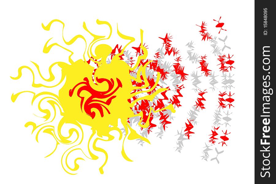 Abstract flash, yellow rays and red stars
