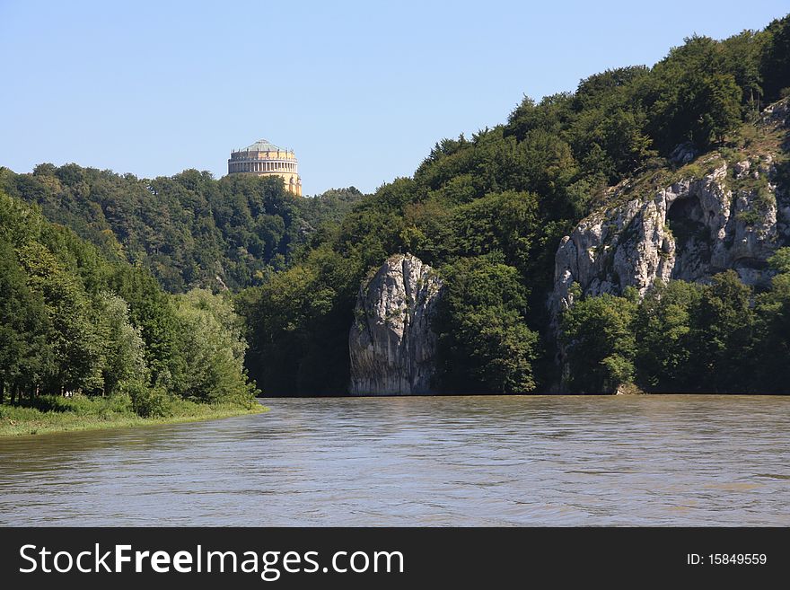 Below the legendary Hall of Liberation (Befreiungshalle, Kelheim) is a romantic river danube coming from monastery Weltenburg. Below the legendary Hall of Liberation (Befreiungshalle, Kelheim) is a romantic river danube coming from monastery Weltenburg