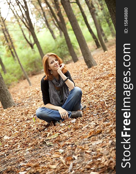 Beautiful red-haired girl in autumn park. Outdoor photo.