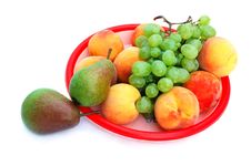Grapes, Peaches And Pears In The Tray Stock Photo