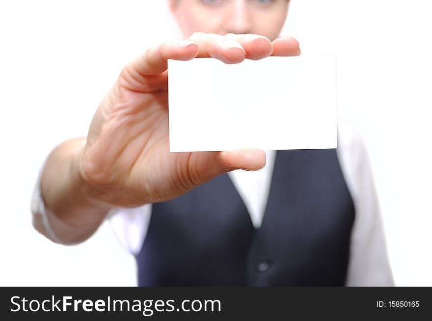 Businesswoman showing a business card in office