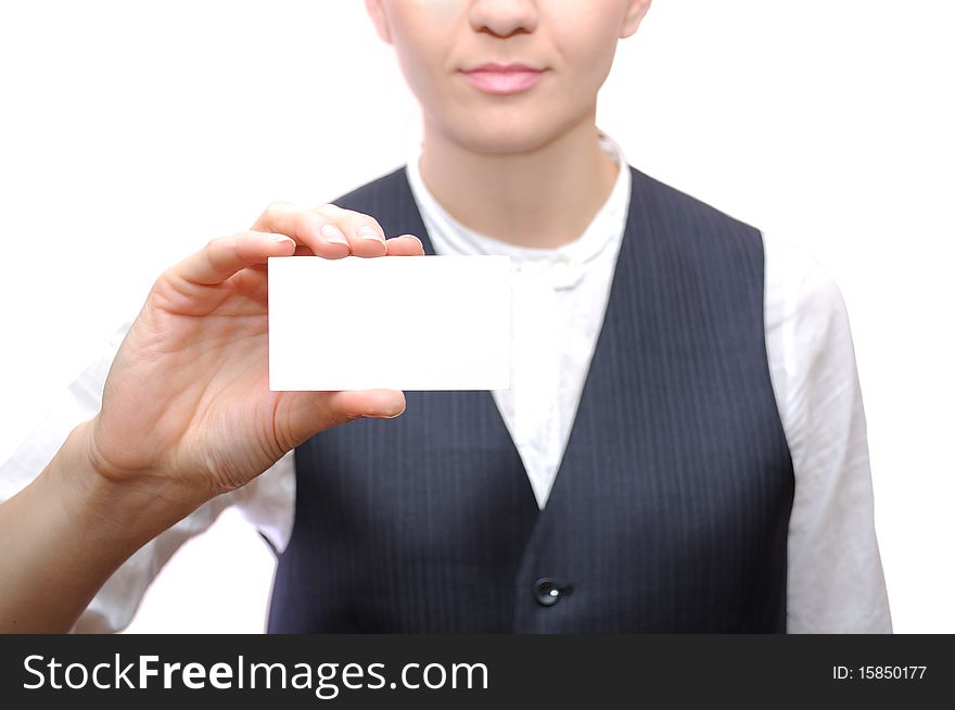 Businesswoman showing a business card in office