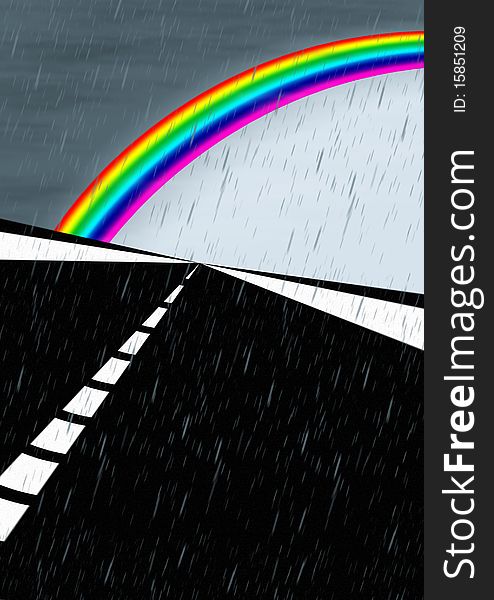 Road in the rain with rainbow. Road in the rain with rainbow