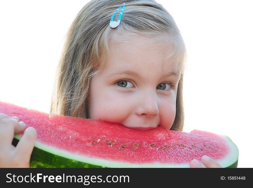 Girl eating sweet red watermelon. Girl eating sweet red watermelon