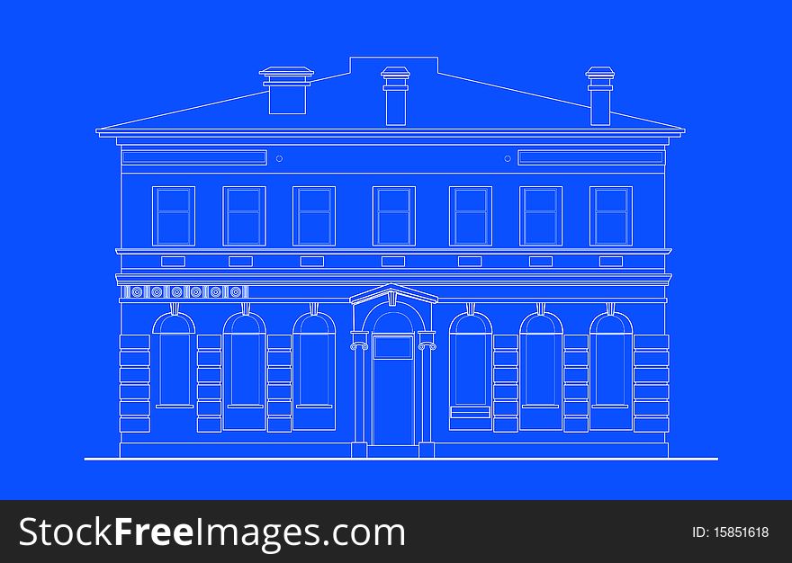 Line drawing illustration of a heritage mansion building viewed from front elevation on blue background. Line drawing illustration of a heritage mansion building viewed from front elevation on blue background