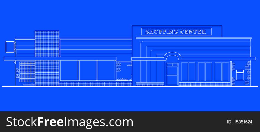 Line drawing illustration of a strip mall or shopping center building viewed from front elevation on blue background. Line drawing illustration of a strip mall or shopping center building viewed from front elevation on blue background
