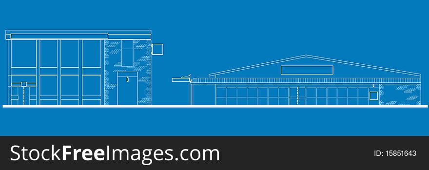 Line drawing illustration of a strip mall or shopping center building viewed from front elevation on blue background. Line drawing illustration of a strip mall or shopping center building viewed from front elevation on blue background