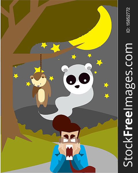 Image of a teddy bear ghost who is haunting a man on Halloween night. Image of a teddy bear ghost who is haunting a man on Halloween night.