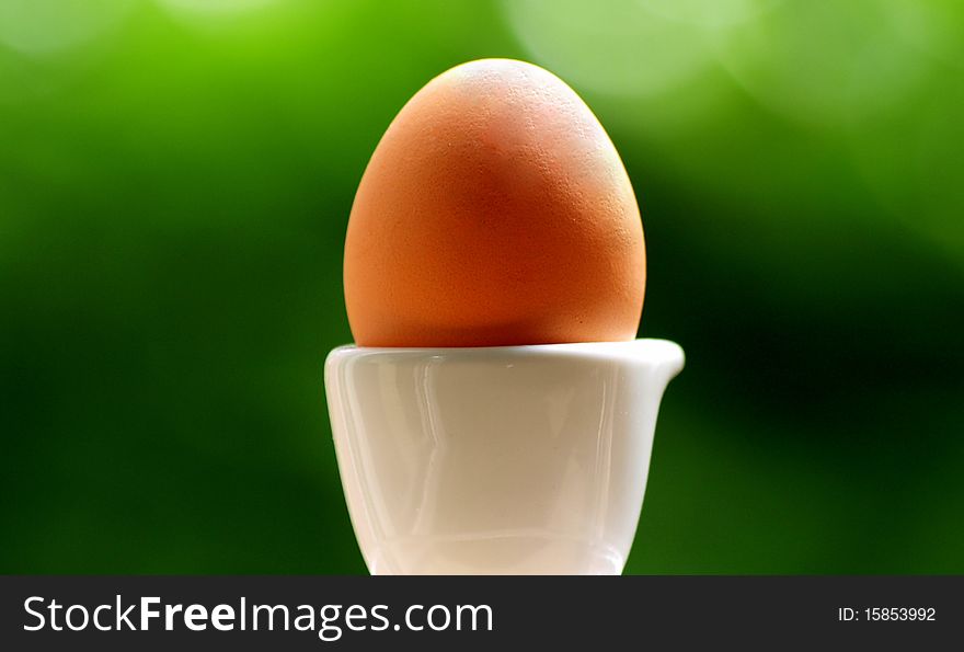 Egg in egg cup with green background. Egg in egg cup with green background