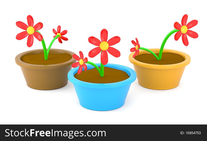 Cartoon flowers in pots isolated on white. Made in 3d