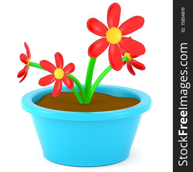 Cartoon flowers in pot isolated on white. Made in 3d