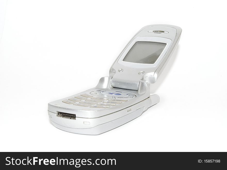 Silver Clamshell cell phone on a white background