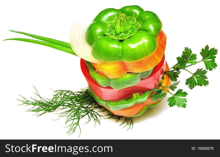 Different mixed vegetables  stacked on a white background. Different mixed vegetables  stacked on a white background