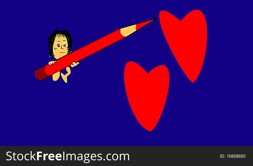 The red pencil with two hearts. The red pencil with two hearts