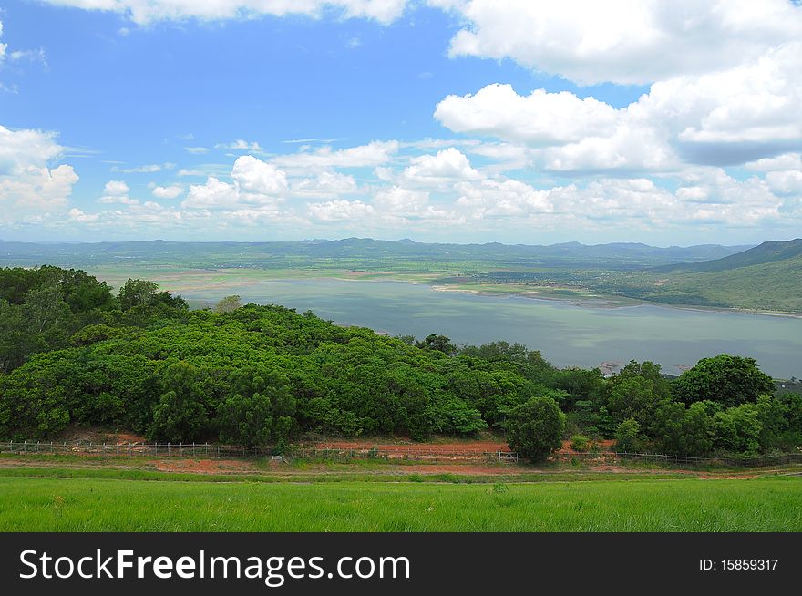 Lake of dam from top view, trees and water. Lake of dam from top view, trees and water