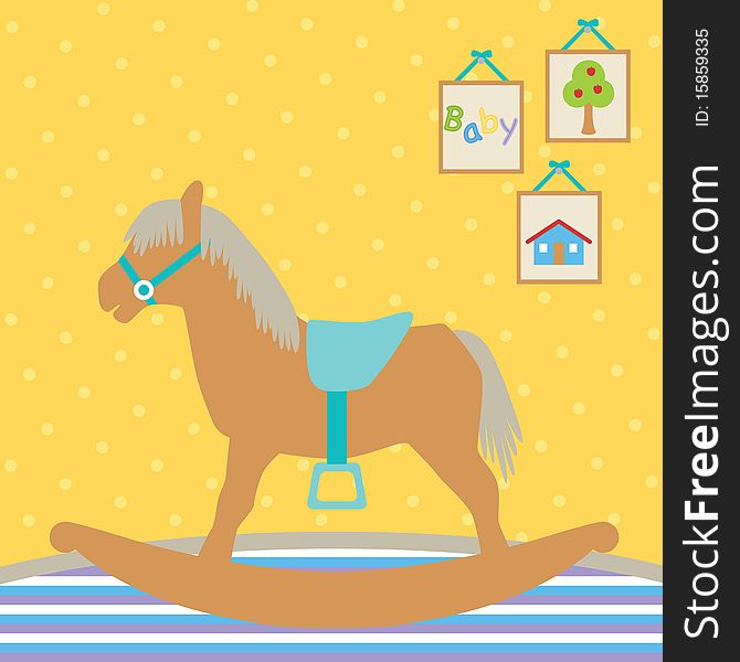 Vector illustration of a toy rocking horse inside a baby's room. Can be used as greeting card. Vector illustration of a toy rocking horse inside a baby's room. Can be used as greeting card
