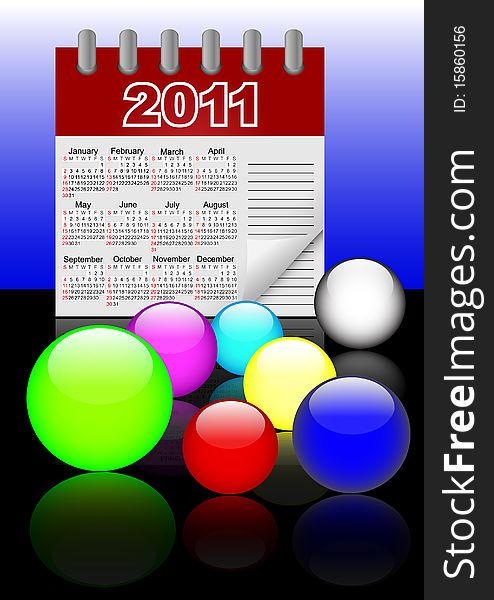 Icons of glass spheres and paper calendar 2011 with reflection. Vector. 10eps. Icons of glass spheres and paper calendar 2011 with reflection. Vector. 10eps.