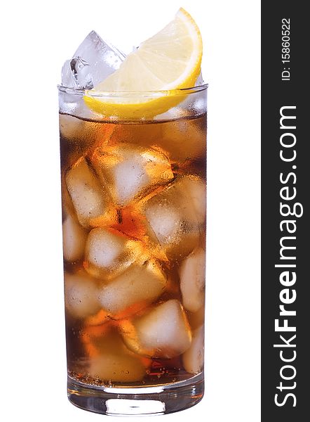 Cocktail with lemon and cola on white background