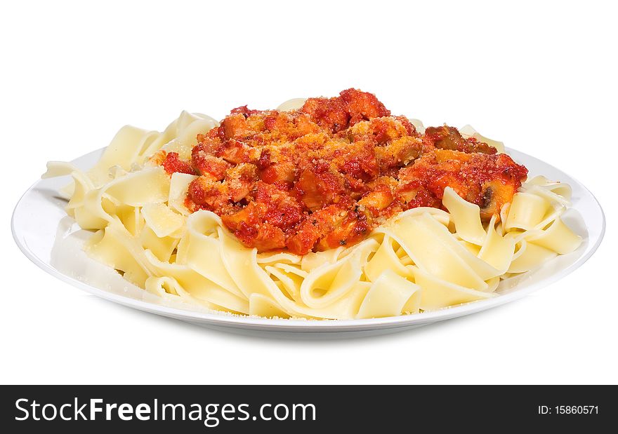 Pasta with meat sauce on white background