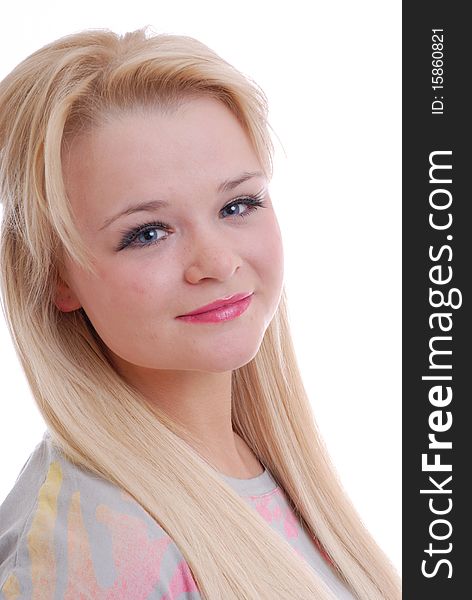 Photograph of pretty young blond girl isolated against white. Photograph of pretty young blond girl isolated against white