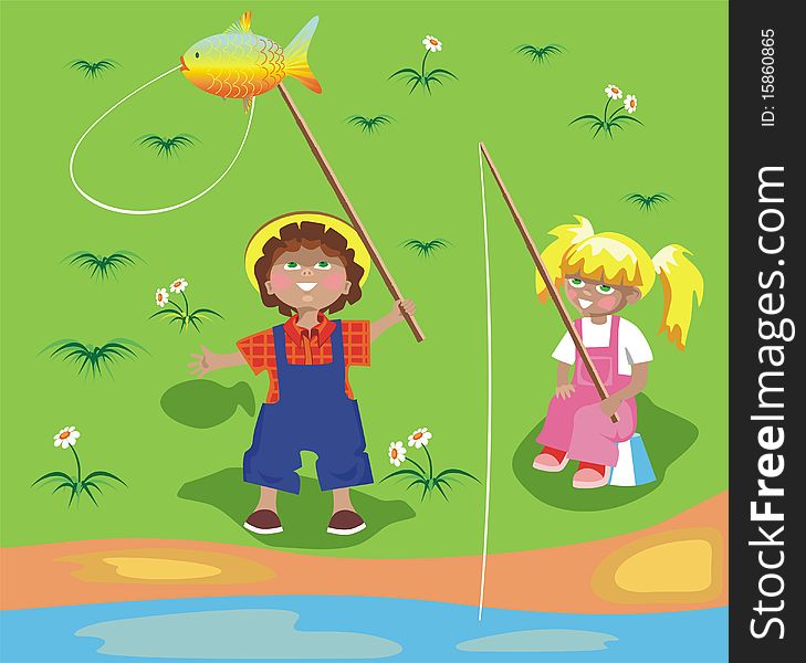 Boy and girl fishing.Illustration. Boy and girl fishing.Illustration