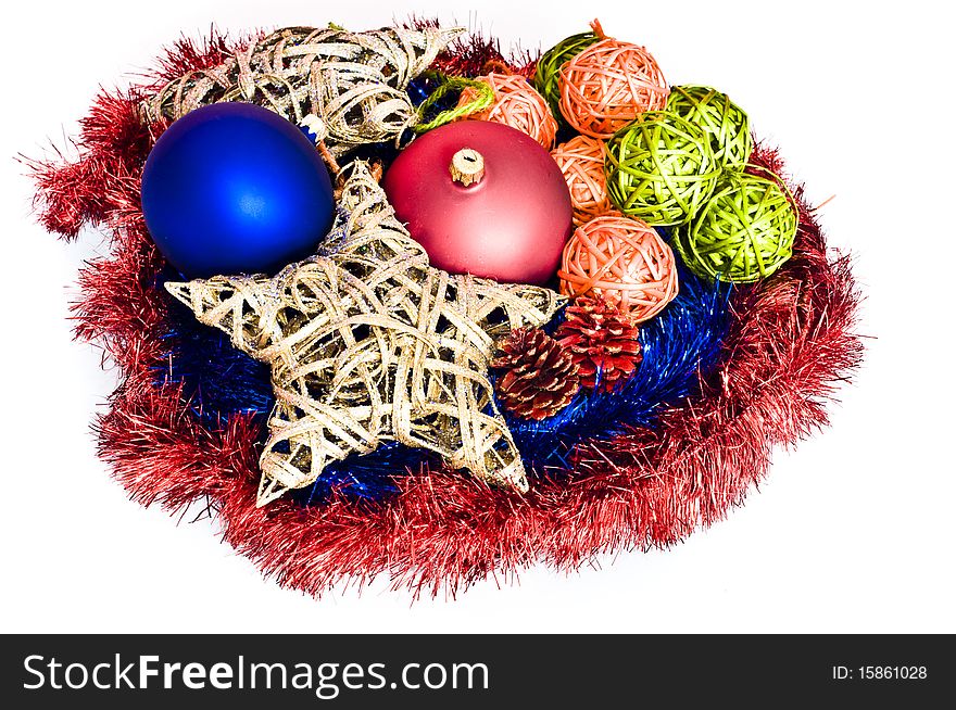 Colorful christmas decorations isolated on white