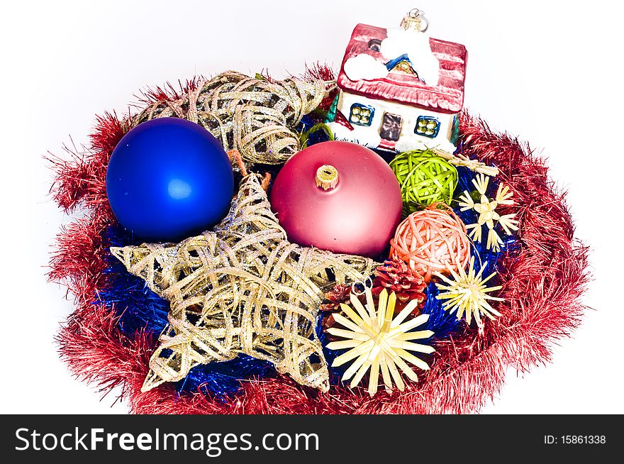 Colorful christmas decorations isolated on white